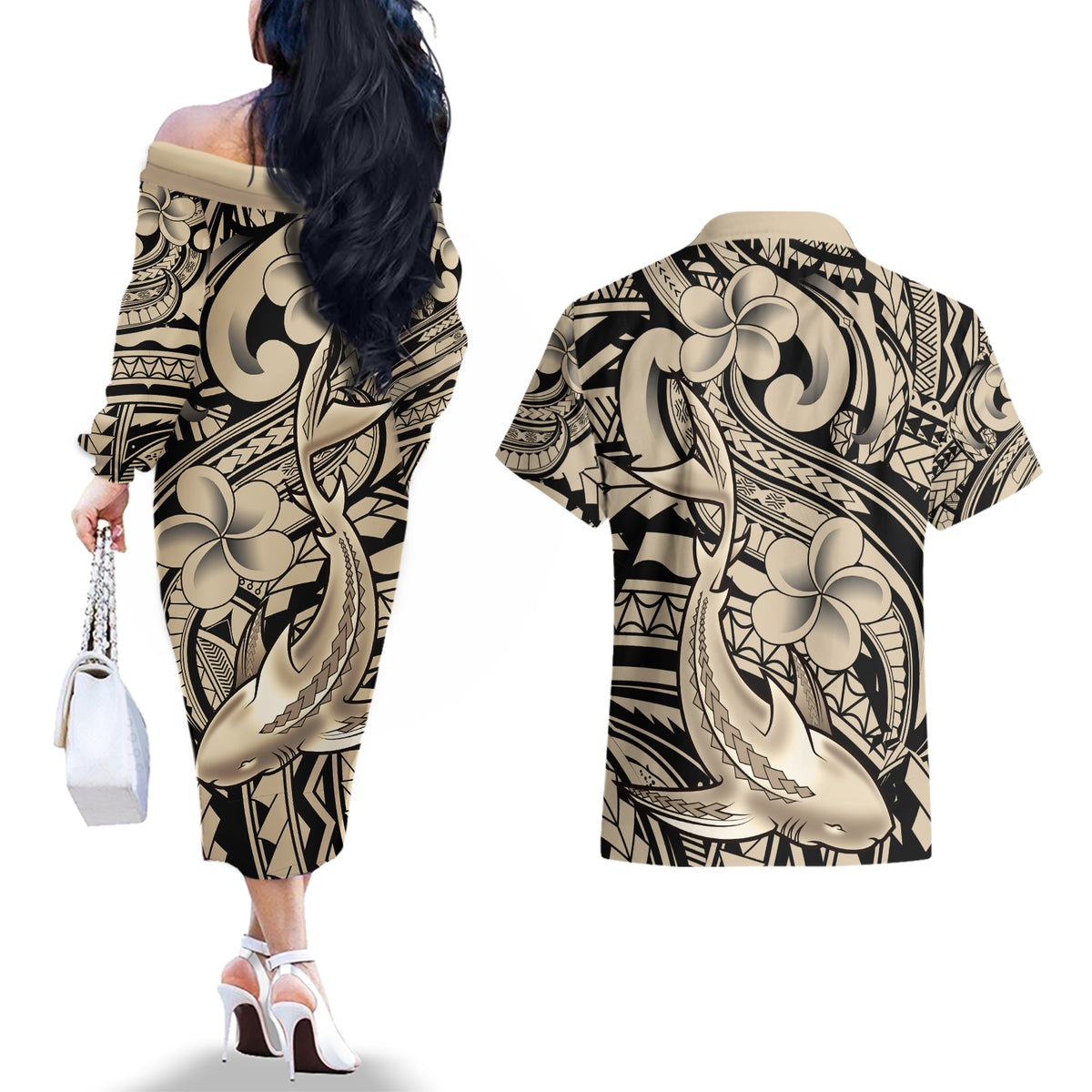 Polynesian Shark Tribal Tattoo Couples Matching Off The Shoulder Long Sleeve Dress and Hawaiian Shirt Beige Style