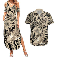 Polynesian Shark Tribal Tattoo Couples Matching Summer Maxi Dress and Hawaiian Shirt Beige Style