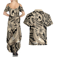 Polynesian Shark Tribal Tattoo Couples Matching Summer Maxi Dress and Hawaiian Shirt Beige Style