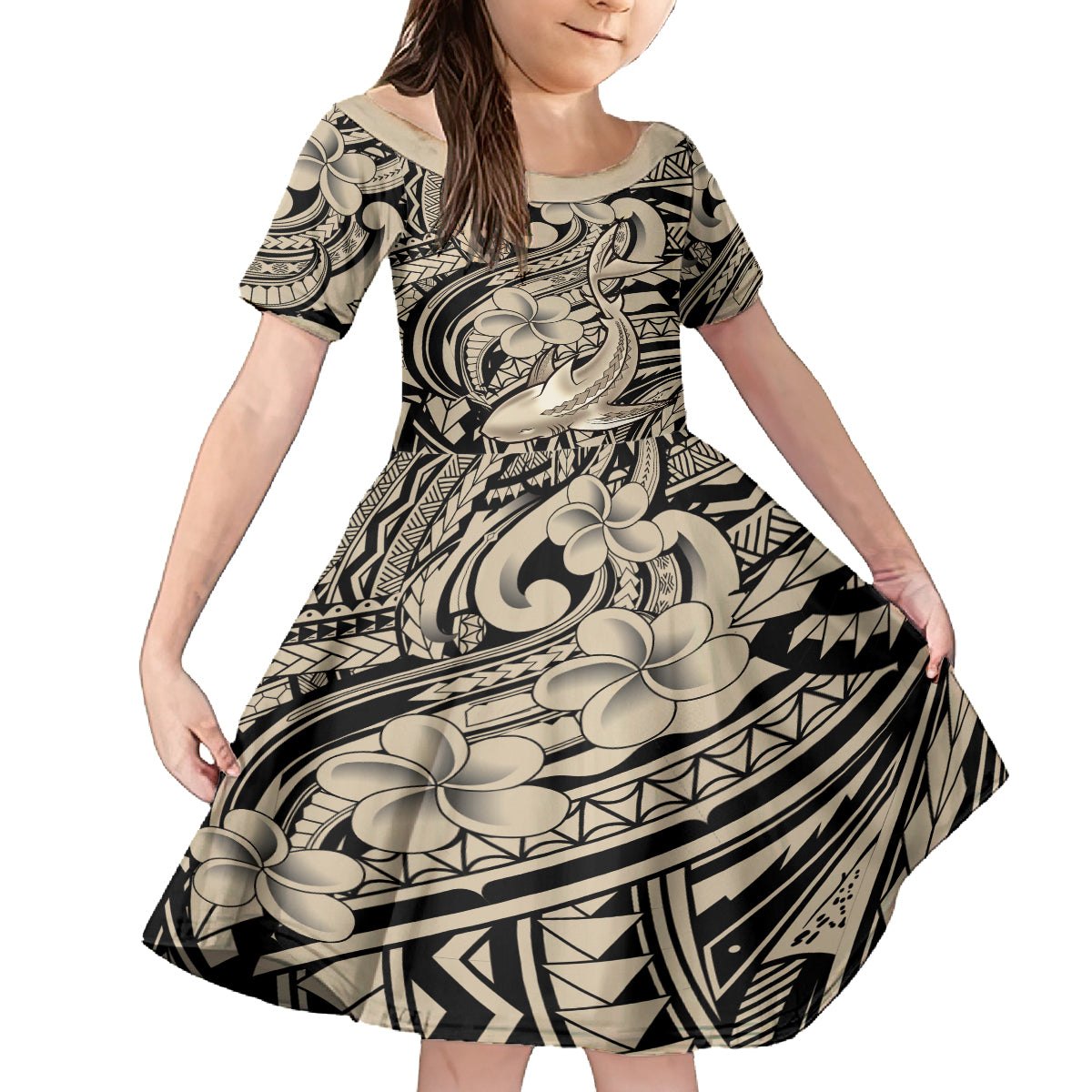 Polynesian Shark Tribal Tattoo Family Matching Off Shoulder Maxi Dress and Hawaiian Shirt Beige Style