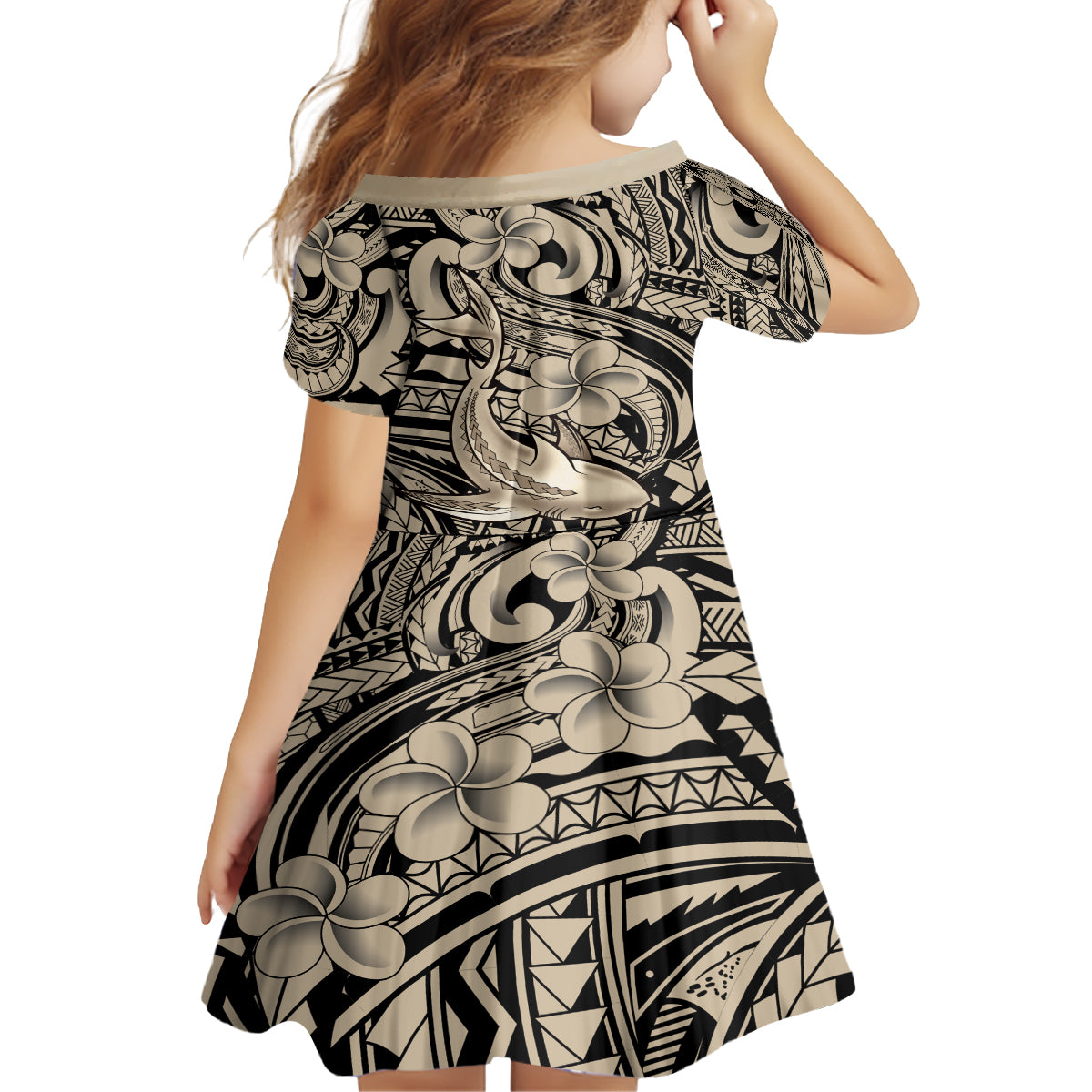 Polynesian Shark Tribal Tattoo Family Matching Off Shoulder Maxi Dress and Hawaiian Shirt Beige Style