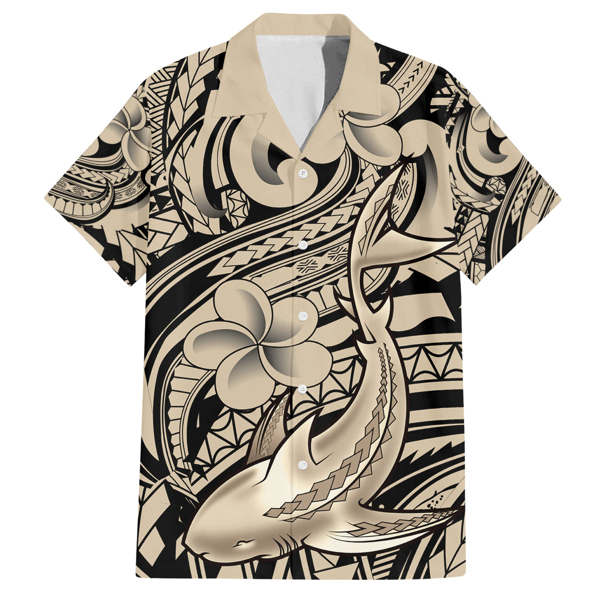 Polynesian Shark Tribal Tattoo Family Matching Off Shoulder Short Dress and Hawaiian Shirt Beige Style