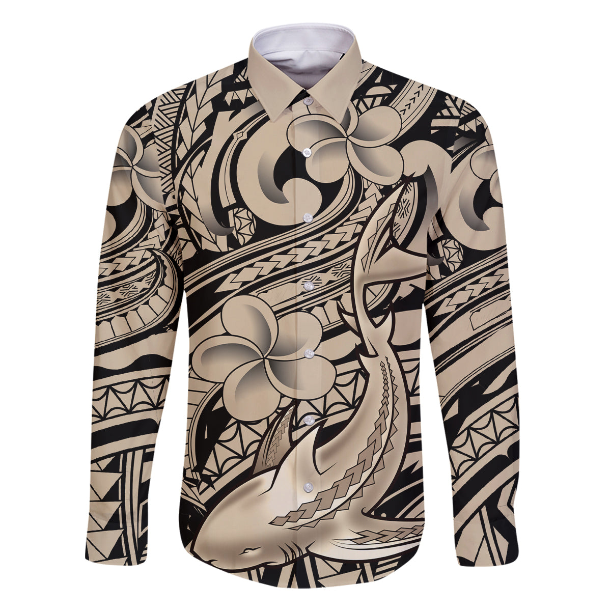 Polynesian Shark Tribal Tattoo Family Matching Off Shoulder Short Dress and Hawaiian Shirt Beige Style
