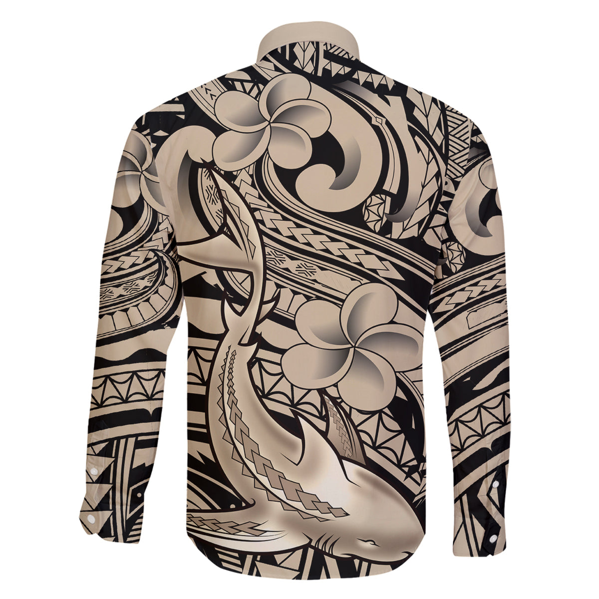 Polynesian Shark Tribal Tattoo Family Matching Off Shoulder Short Dress and Hawaiian Shirt Beige Style