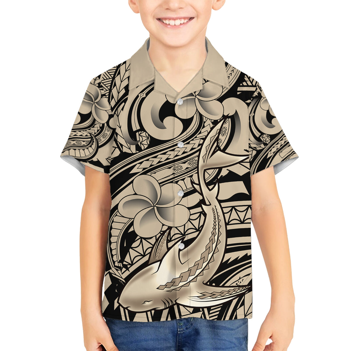 Polynesian Shark Tribal Tattoo Family Matching Off Shoulder Short Dress and Hawaiian Shirt Beige Style