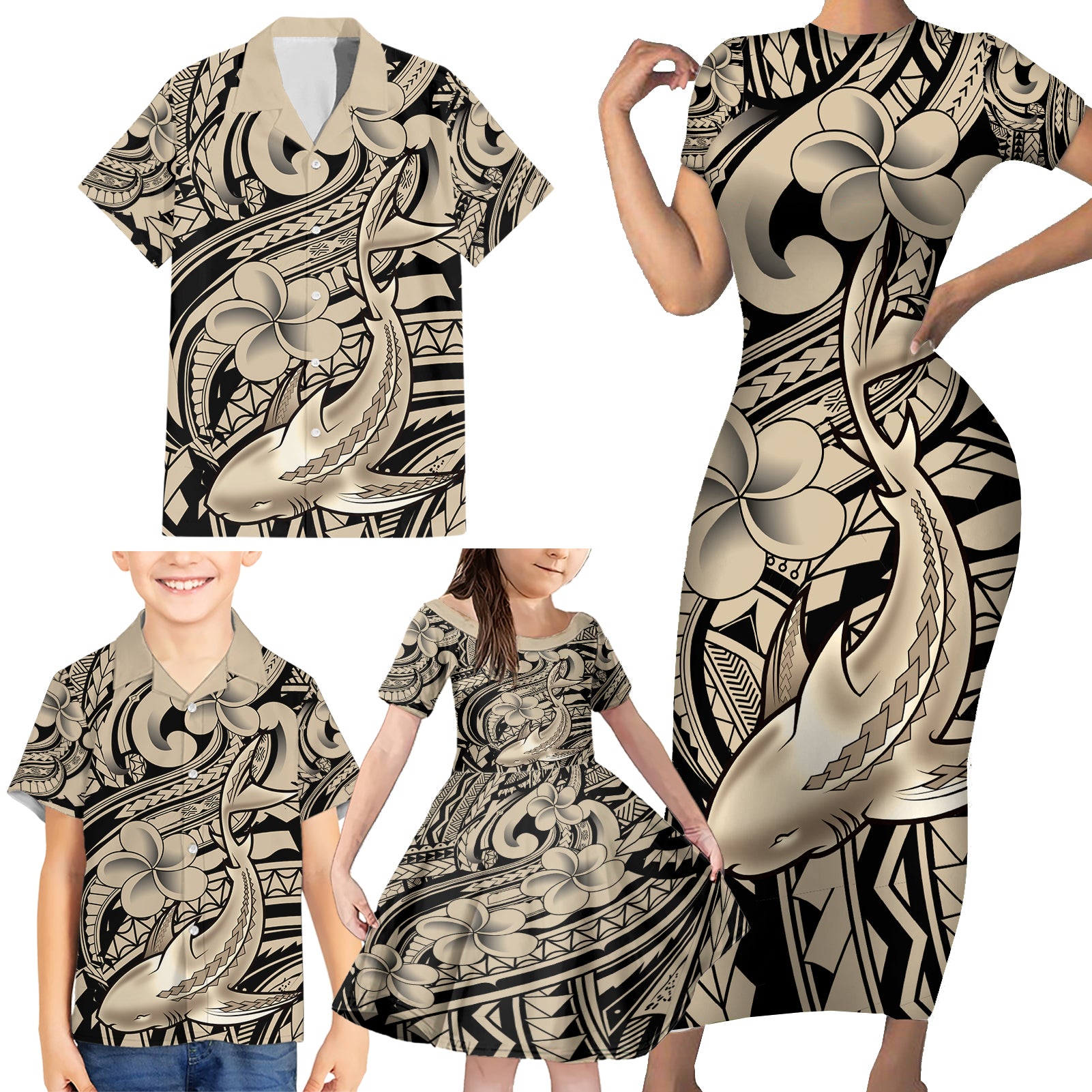 Polynesian Shark Tribal Tattoo Family Matching Short Sleeve Bodycon Dress and Hawaiian Shirt Beige Style