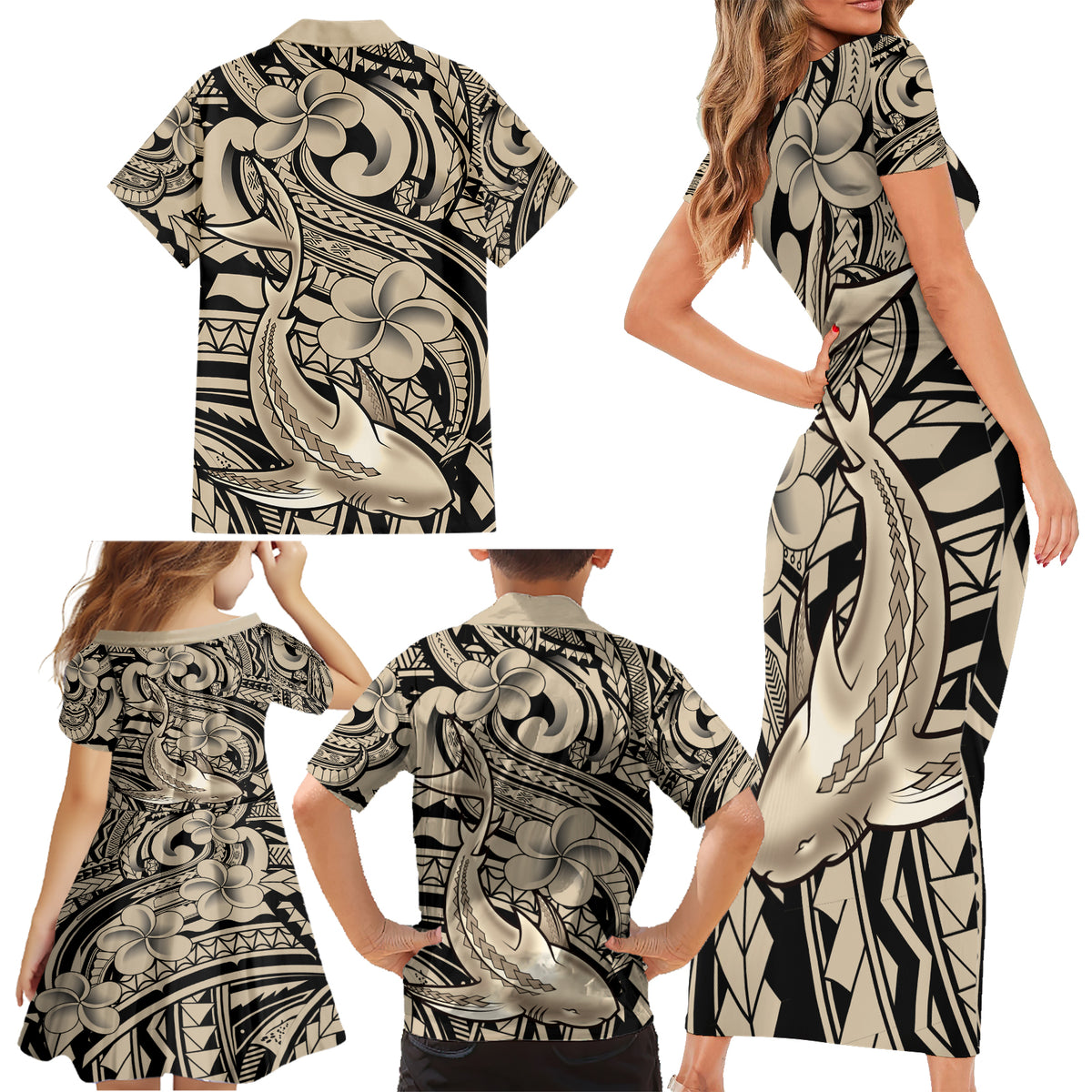 Polynesian Shark Tribal Tattoo Family Matching Short Sleeve Bodycon Dress and Hawaiian Shirt Beige Style