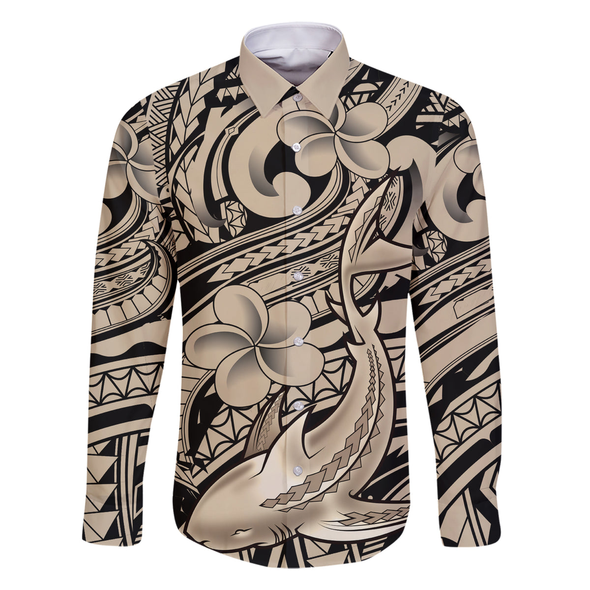 Polynesian Shark Tribal Tattoo Family Matching Short Sleeve Bodycon Dress and Hawaiian Shirt Beige Style