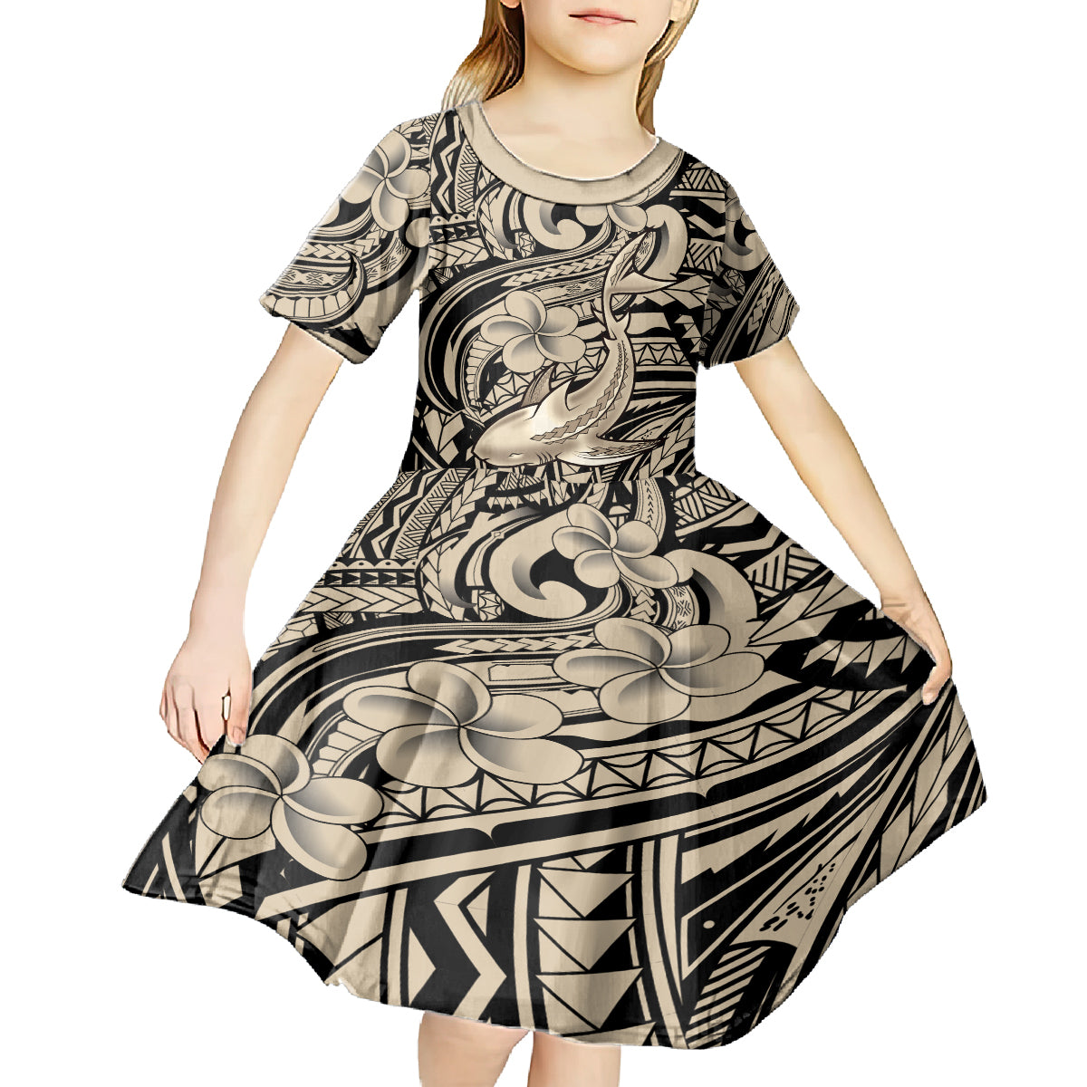 Polynesian Shark Tribal Tattoo Kid Short Sleeve Dress Beige Style LT9 - Polynesian Pride