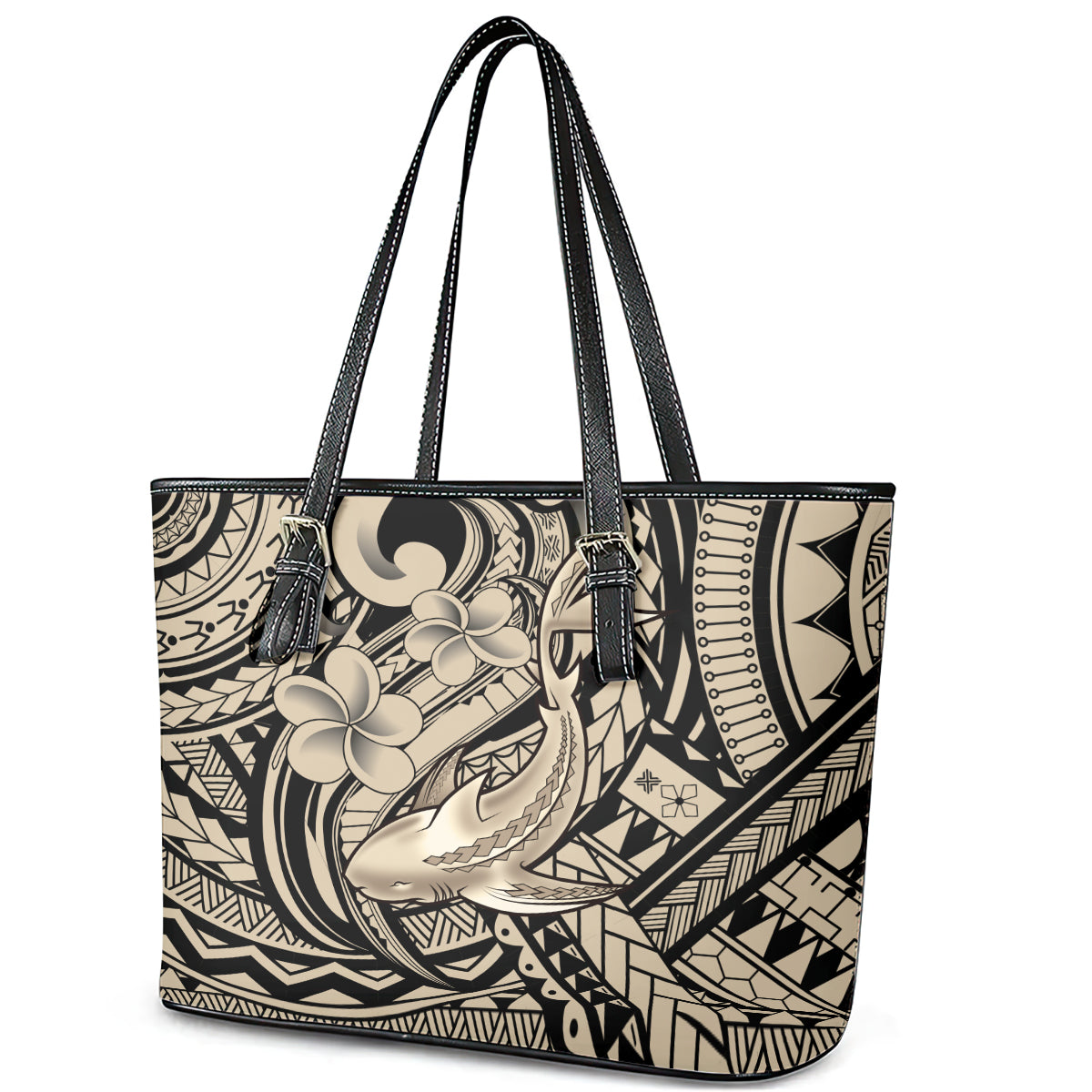 Polynesian Shark Tribal Tattoo Leather Tote Bag Beige Style