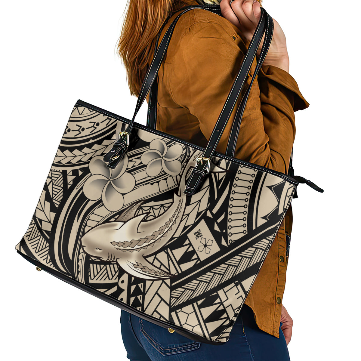 Polynesian Shark Tribal Tattoo Leather Tote Bag Beige Style