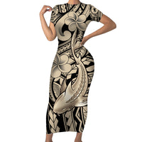 Polynesian Shark Tribal Tattoo Short Sleeve Bodycon Dress Beige Style
