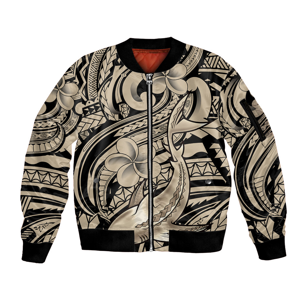 Polynesian Shark Tribal Tattoo Sleeve Zip Bomber Jacket Beige Style