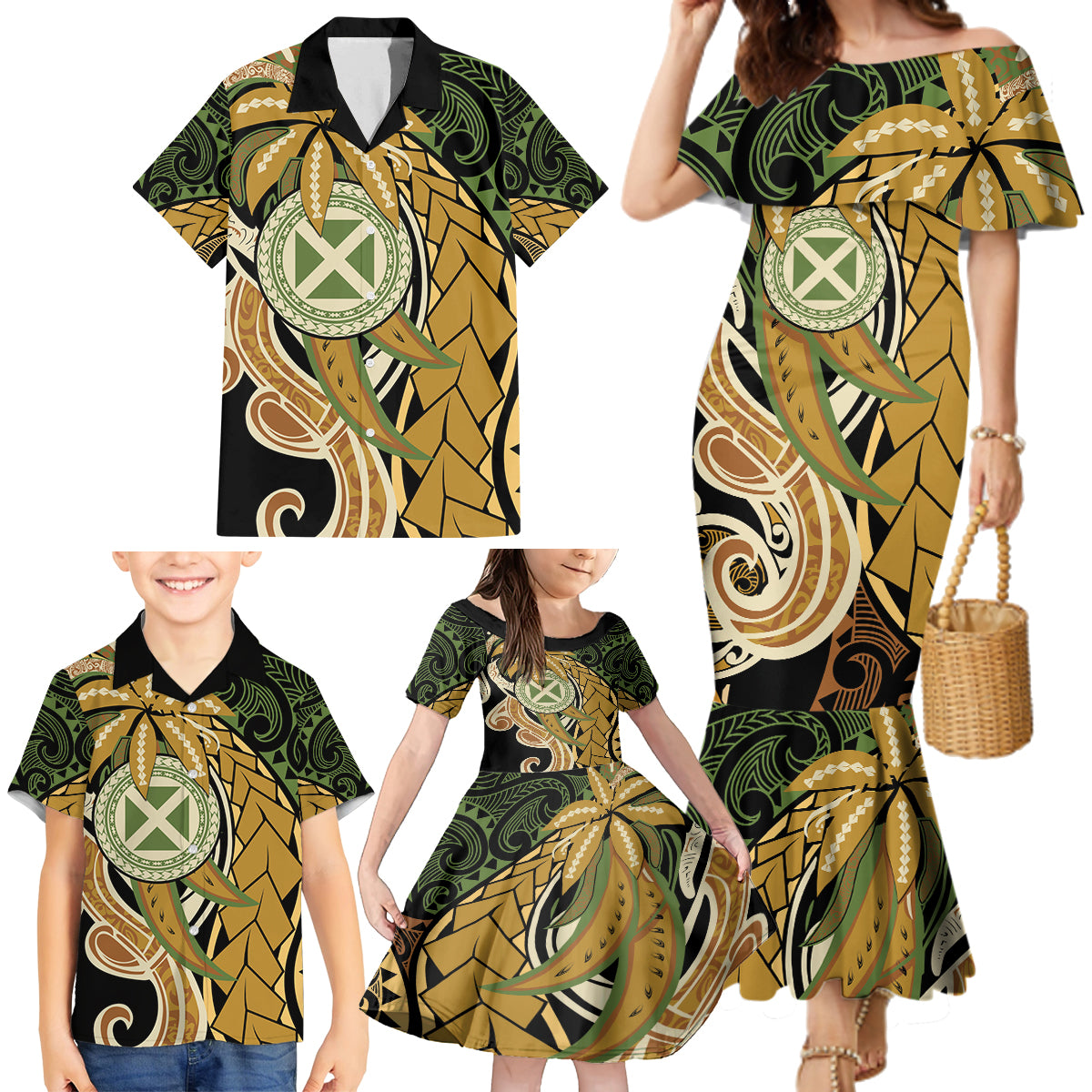 Wallis and Futuna Victory Day Family Matching Mermaid Dress and Hawaiian Shirt Since 1945 with Polynesian Platinum Floral Tribal