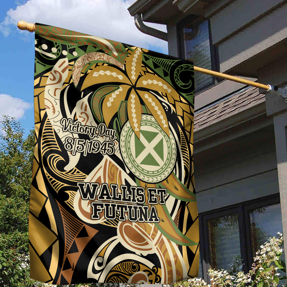 Wallis and Futuna Victory Day Garden Flag Since 1945 with Polynesian Platinum Floral Tribal