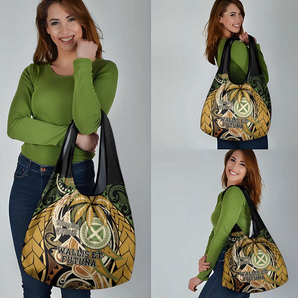 Wallis and Futuna Victory Day Grocery Bag Since 1945 with Polynesian Platinum Floral Tribal