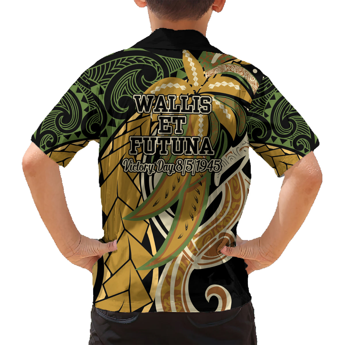 Wallis and Futuna Victory Day Kid Hawaiian Shirt Since 1945 with Polynesian Platinum Floral Tribal