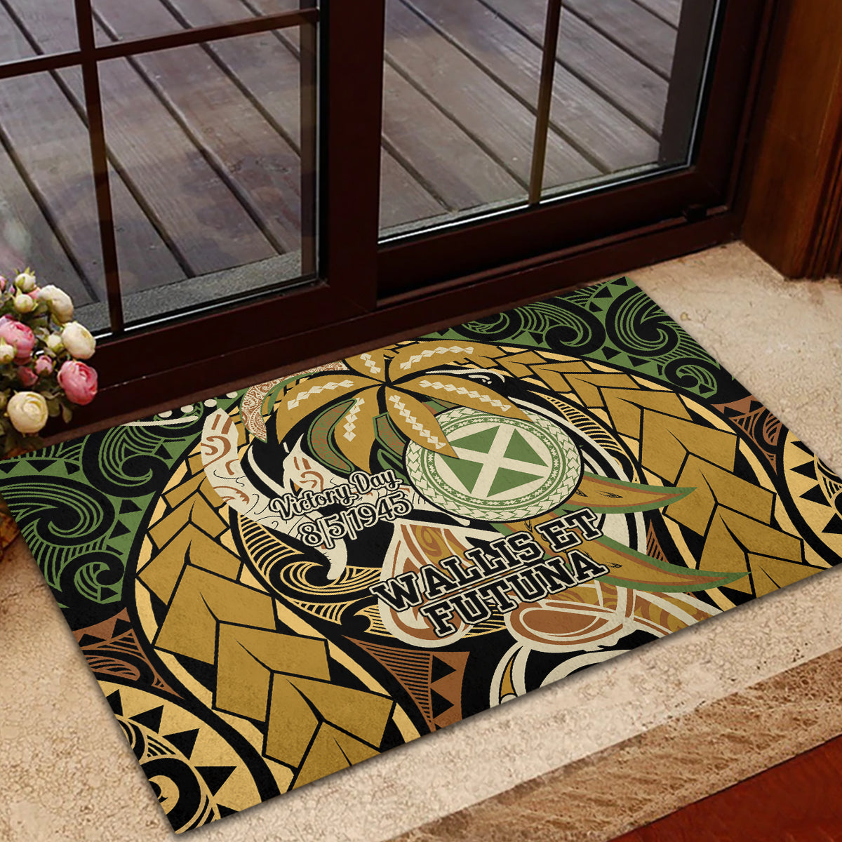 Wallis and Futuna Victory Day Rubber Doormat Since 1945 with Polynesian Platinum Floral Tribal