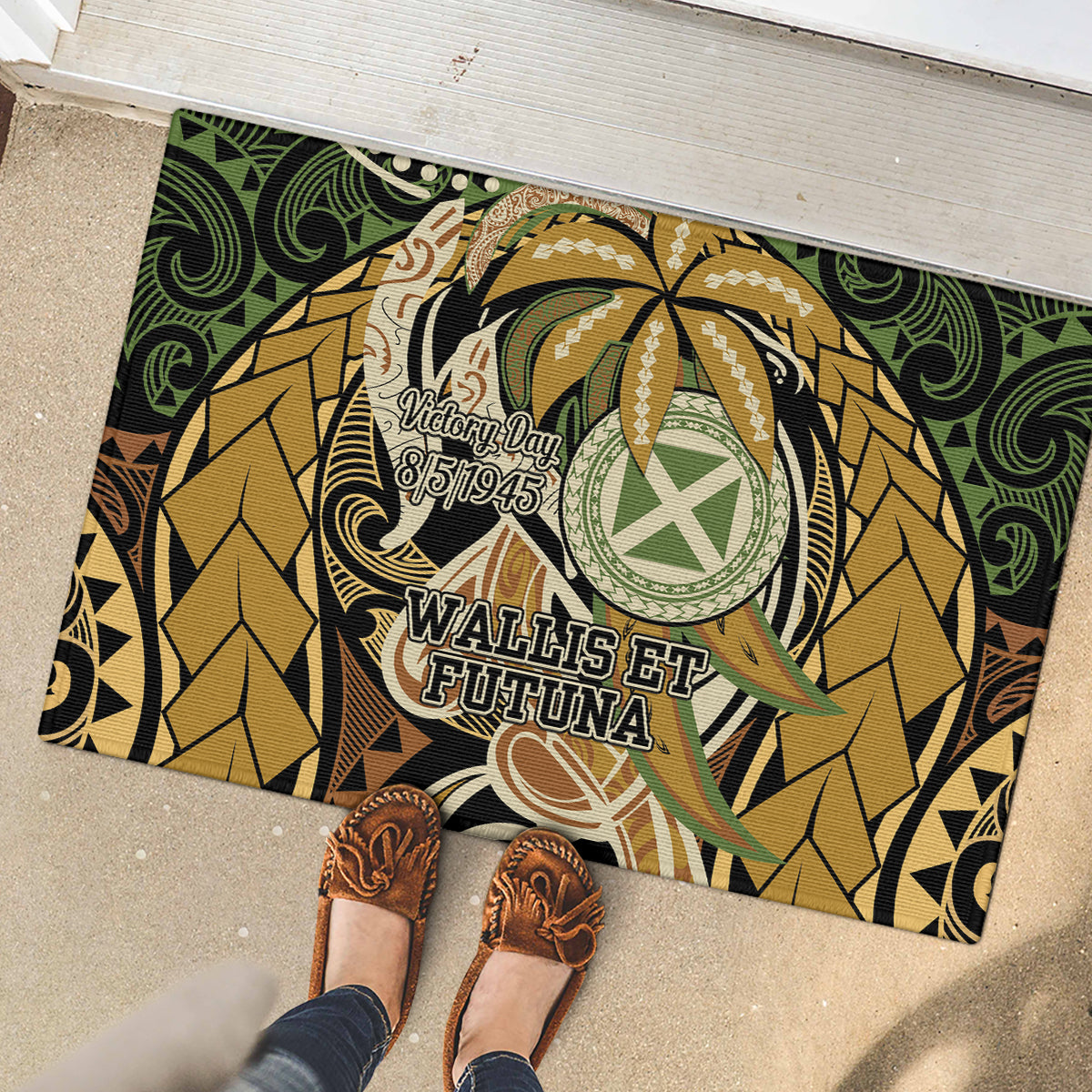 Wallis and Futuna Victory Day Rubber Doormat Since 1945 with Polynesian Platinum Floral Tribal