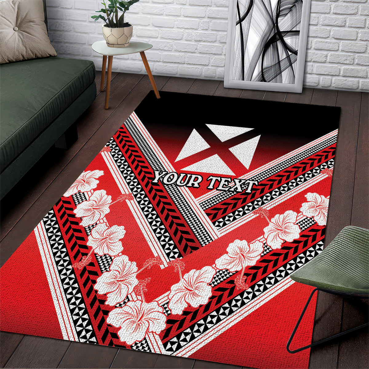 Personalised Wallis et Futuna Area Rug Hibiscus and Polynesian Tribal Tattoos