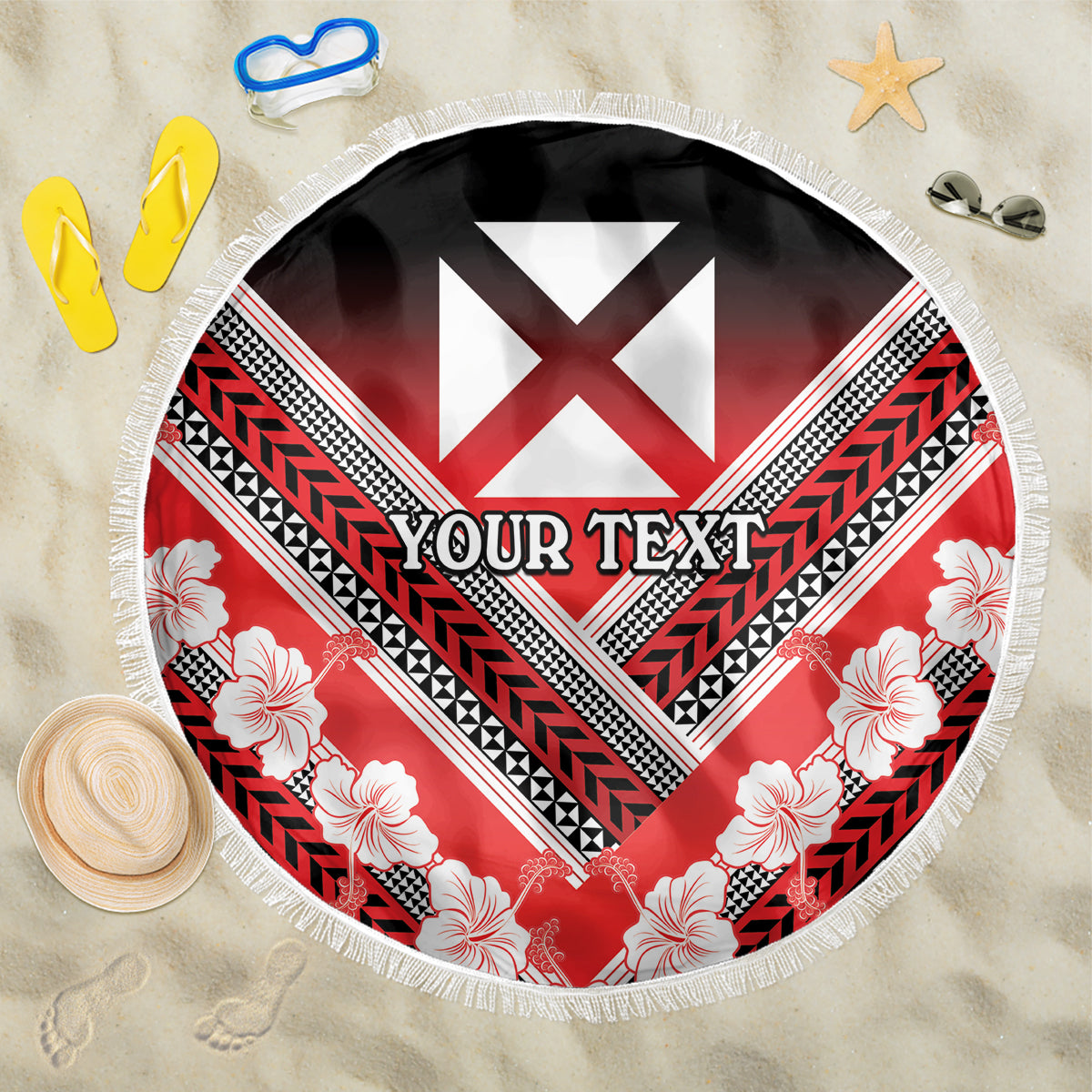 Personalised Wallis et Futuna Beach Blanket Hibiscus and Polynesian Tribal Tattoos