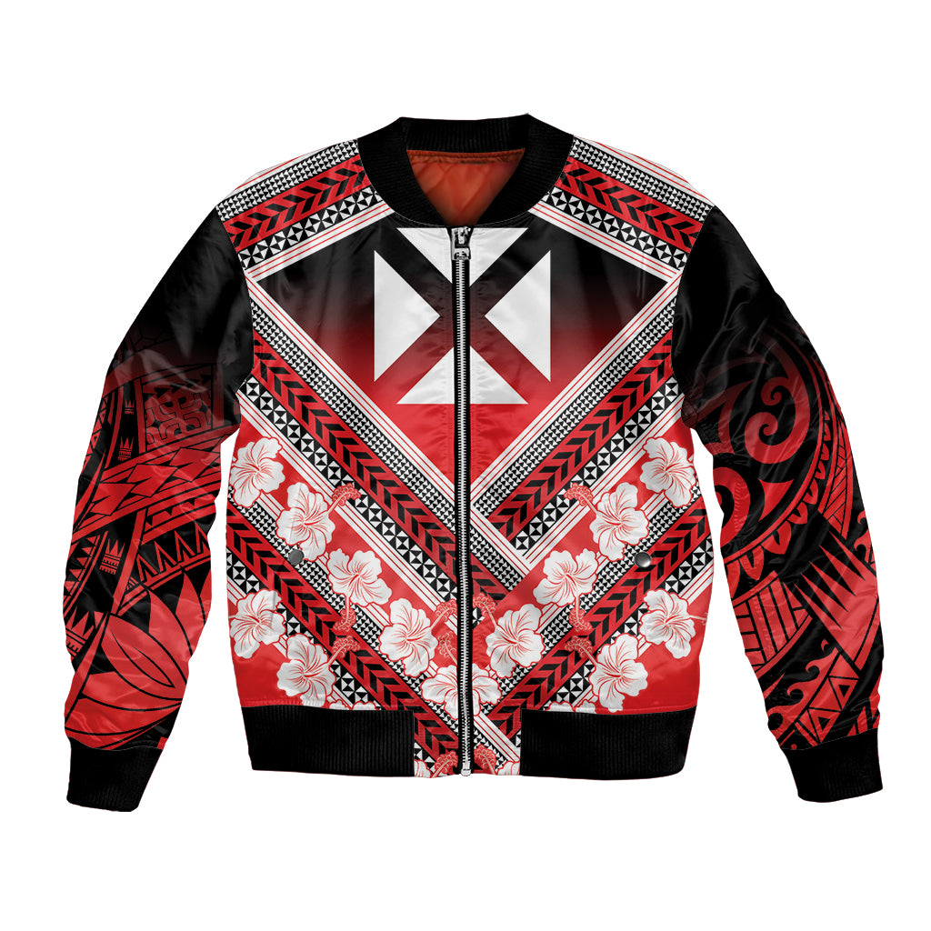 Personalised Wallis et Futuna Bomber Jacket Hibiscus and Polynesian Tribal Tattoos