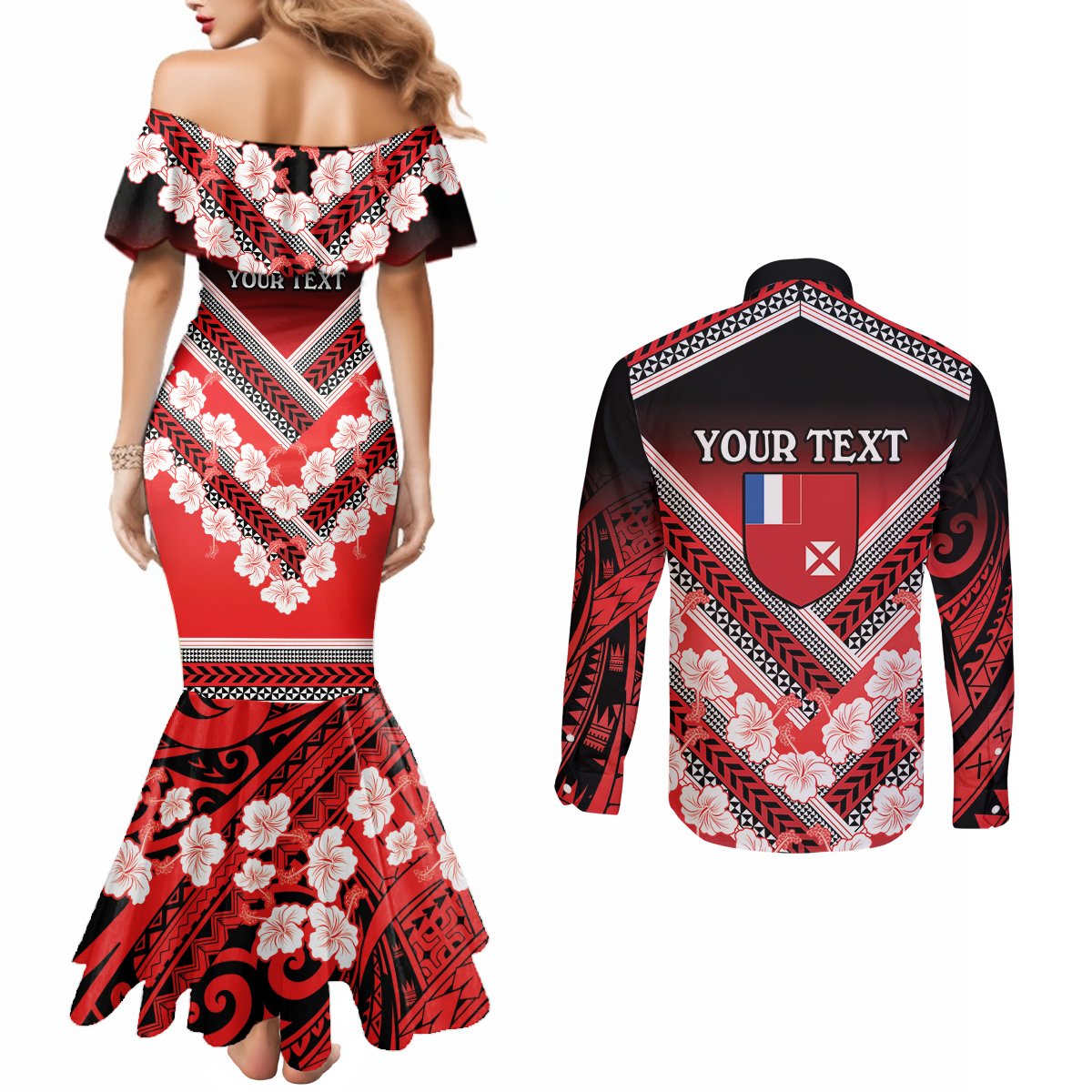 Personalised Wallis et Futuna Couples Matching Mermaid Dress and Long Sleeve Button Shirt Hibiscus and Polynesian Tribal Tattoos
