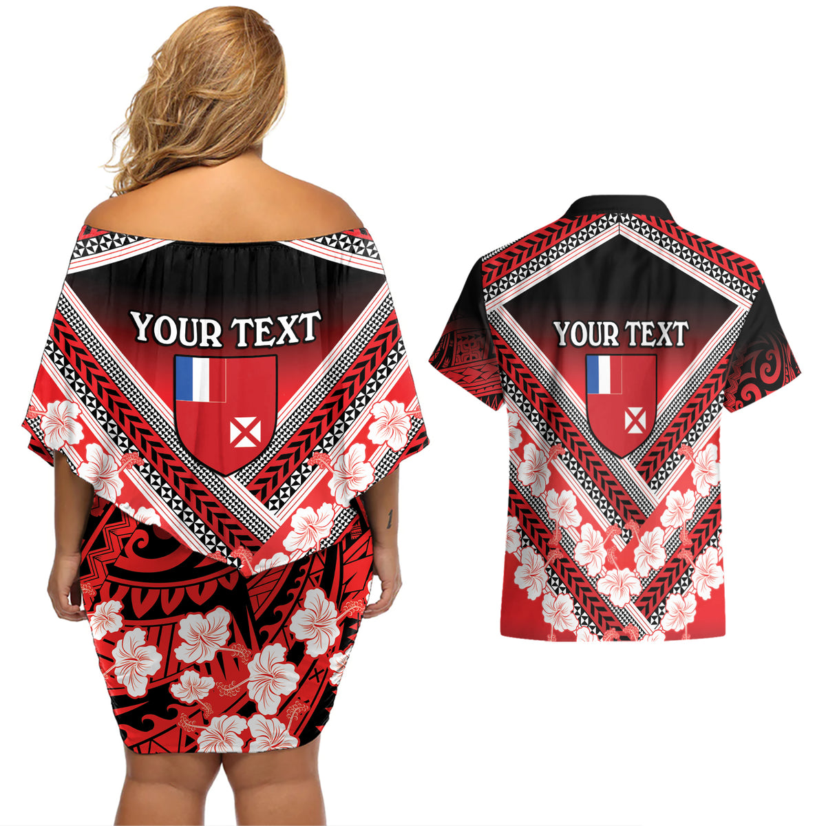 Personalised Wallis et Futuna Couples Matching Off Shoulder Short Dress and Hawaiian Shirt Hibiscus and Polynesian Tribal Tattoos