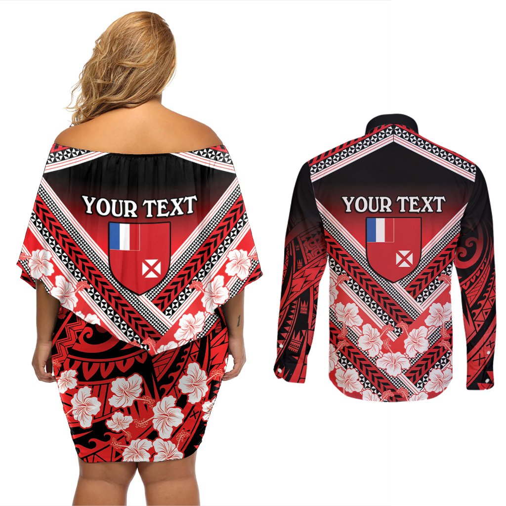 Personalised Wallis et Futuna Couples Matching Off Shoulder Short Dress and Long Sleeve Button Shirt Hibiscus and Polynesian Tribal Tattoos