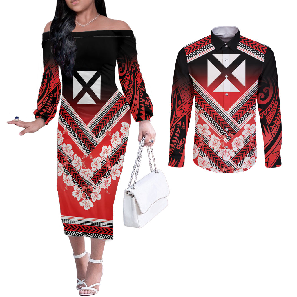 Personalised Wallis et Futuna Couples Matching Off The Shoulder Long Sleeve Dress and Long Sleeve Button Shirt Hibiscus and Polynesian Tribal Tattoos