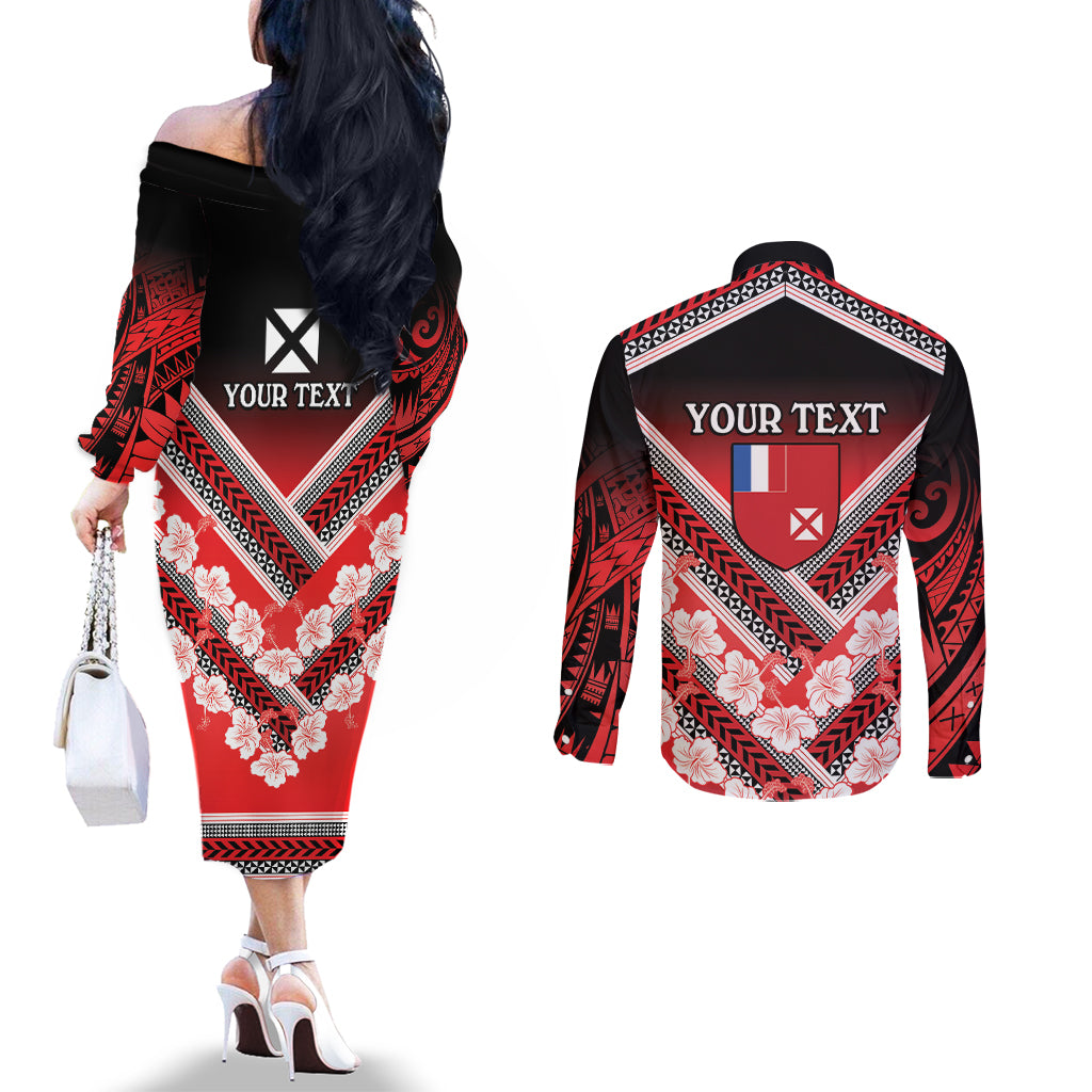 Personalised Wallis et Futuna Couples Matching Off The Shoulder Long Sleeve Dress and Long Sleeve Button Shirt Hibiscus and Polynesian Tribal Tattoos