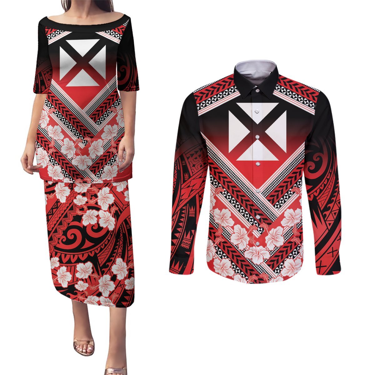 Personalised Wallis et Futuna Couples Matching Puletasi and Long Sleeve Button Shirt Hibiscus and Polynesian Tribal Tattoos LT9 Red - Polynesian Pride