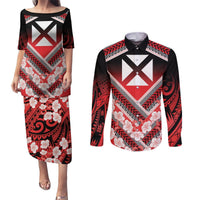 Personalised Wallis et Futuna Couples Matching Puletasi and Long Sleeve Button Shirt Hibiscus and Polynesian Tribal Tattoos LT9 Red - Polynesian Pride