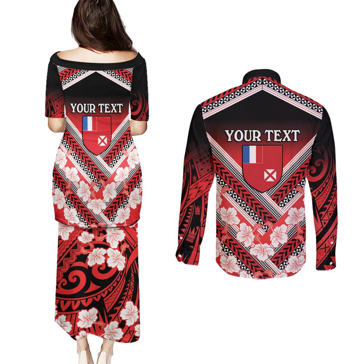 Personalised Wallis et Futuna Couples Matching Puletasi and Long Sleeve Button Shirt Hibiscus and Polynesian Tribal Tattoos LT9 - Polynesian Pride