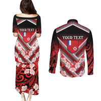Personalised Wallis et Futuna Couples Matching Puletasi and Long Sleeve Button Shirt Hibiscus and Polynesian Tribal Tattoos LT9 - Polynesian Pride