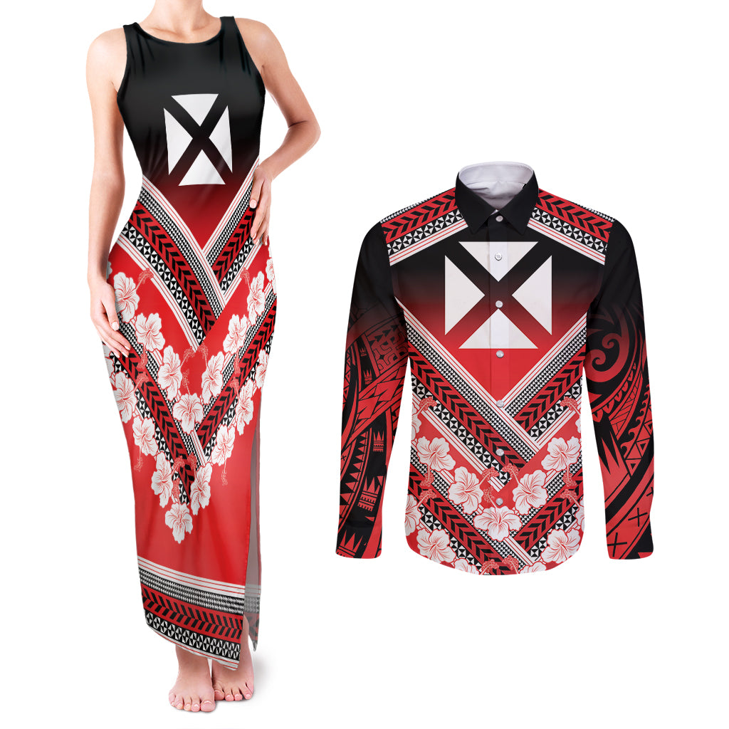 Personalised Wallis et Futuna Couples Matching Tank Maxi Dress and Long Sleeve Button Shirt Hibiscus and Polynesian Tribal Tattoos