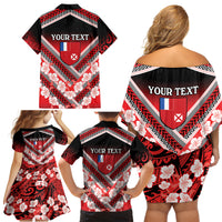 Personalised Wallis et Futuna Family Matching Off Shoulder Short Dress and Hawaiian Shirt Hibiscus and Polynesian Tribal Tattoos