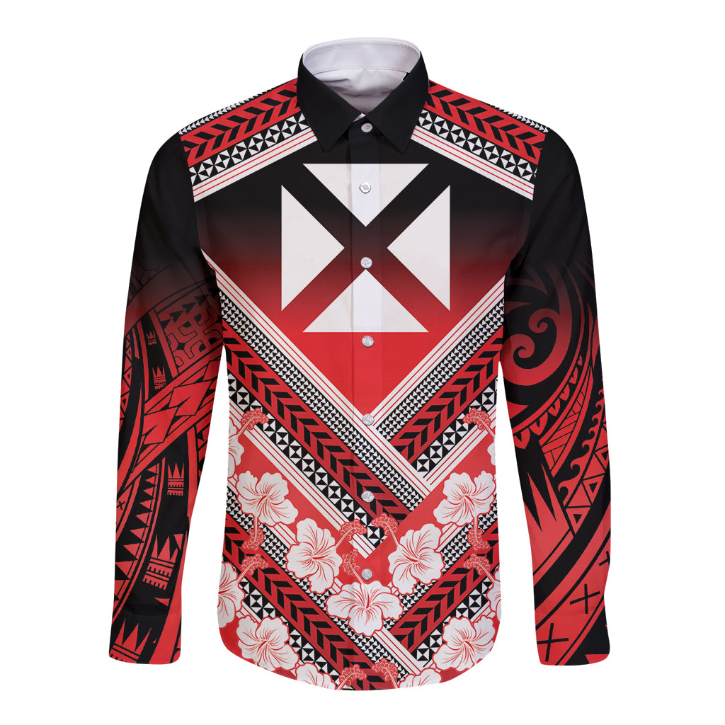 Personalised Wallis et Futuna Long Sleeve Button Shirt Hibiscus and Polynesian Tribal Tattoos LT9 Unisex Red - Polynesian Pride