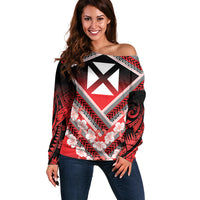 Personalised Wallis et Futuna Off Shoulder Sweater Hibiscus and Polynesian Tribal Tattoos LT9 Women Red - Polynesian Pride