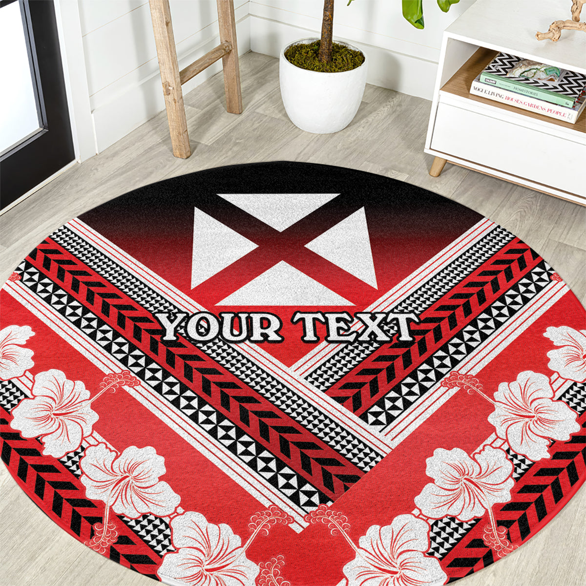 Personalised Wallis et Futuna Round Carpet Hibiscus and Polynesian Tribal Tattoos LT9 Red - Polynesian Pride