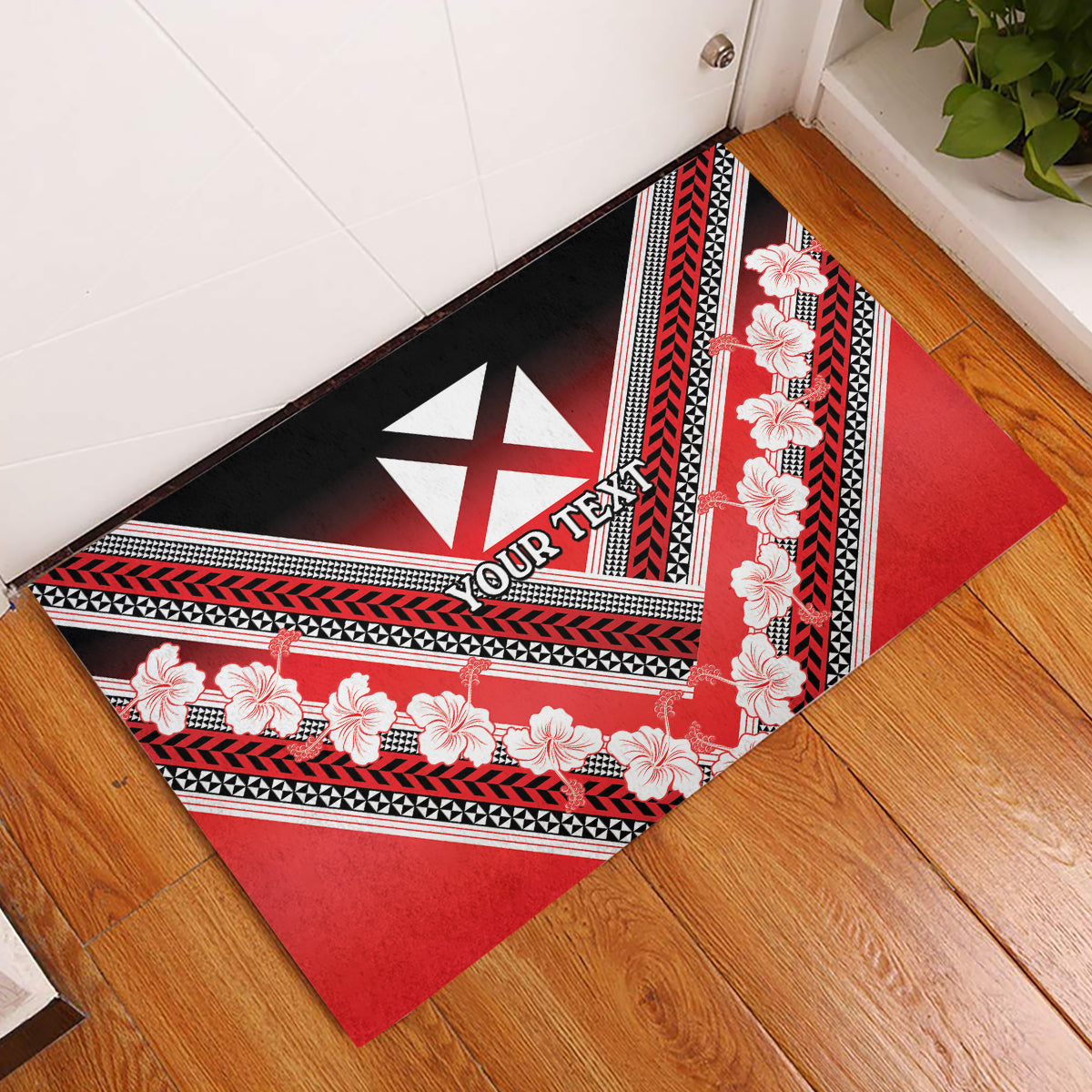 Personalised Wallis et Futuna Rubber Doormat Hibiscus and Polynesian Tribal Tattoos