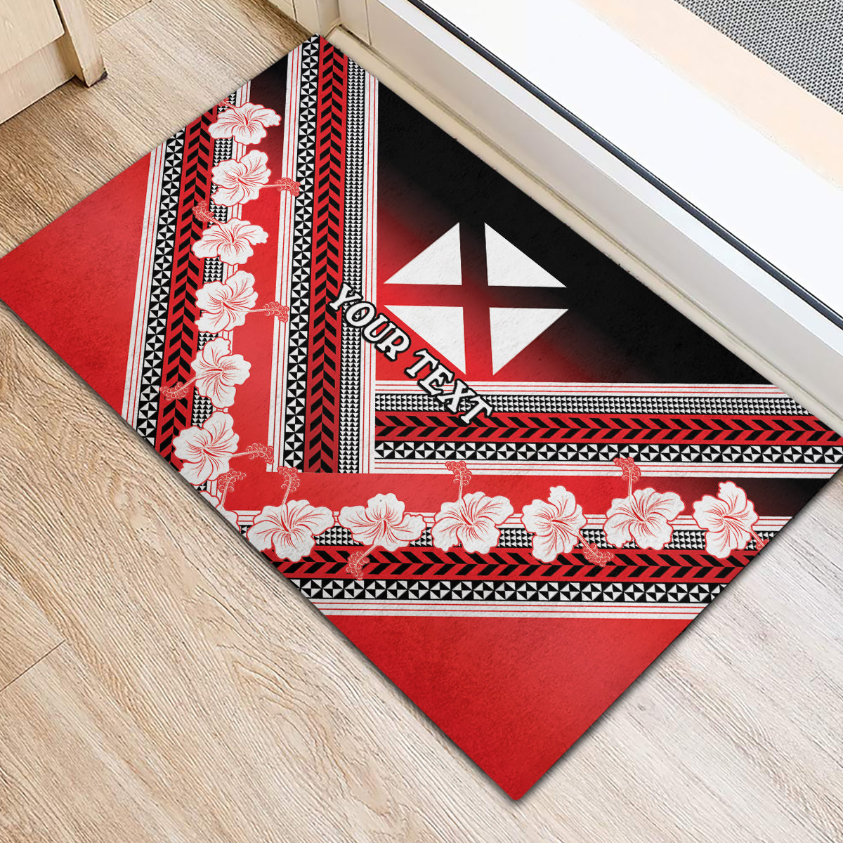 Personalised Wallis et Futuna Rubber Doormat Hibiscus and Polynesian Tribal Tattoos
