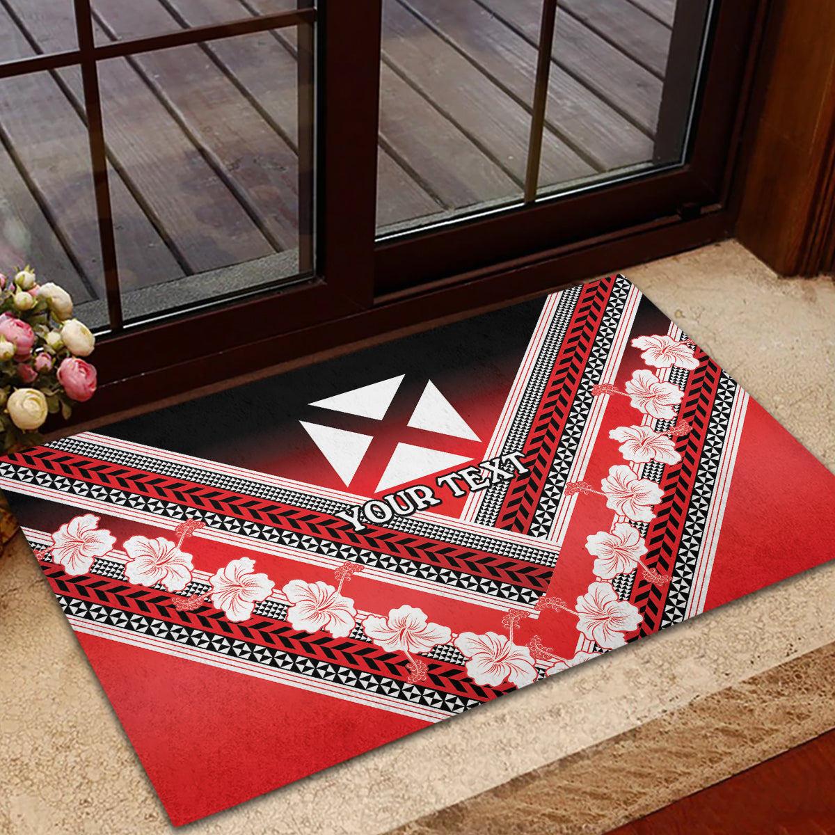 Personalised Wallis et Futuna Rubber Doormat Hibiscus and Polynesian Tribal Tattoos