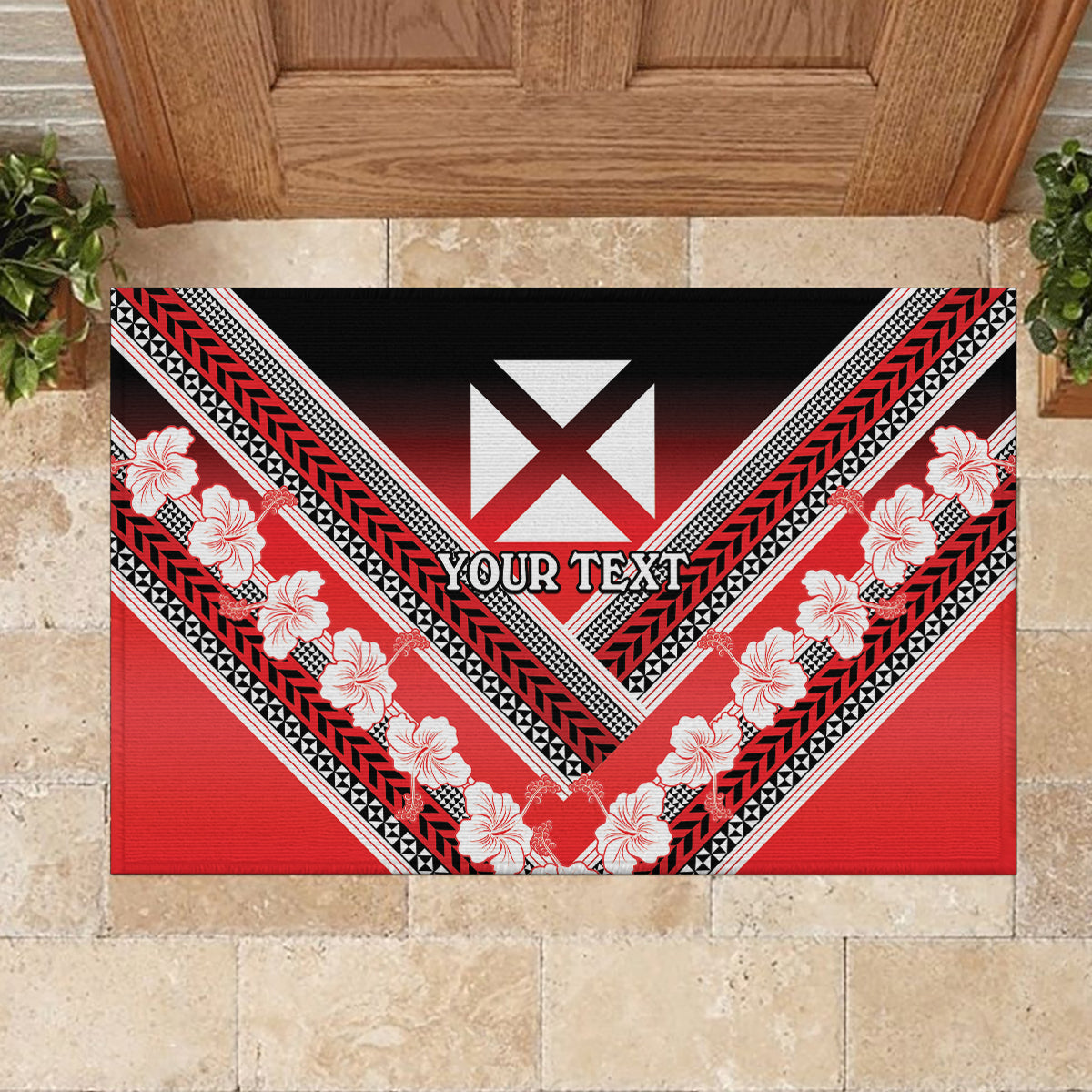 Personalised Wallis et Futuna Rubber Doormat Hibiscus and Polynesian Tribal Tattoos