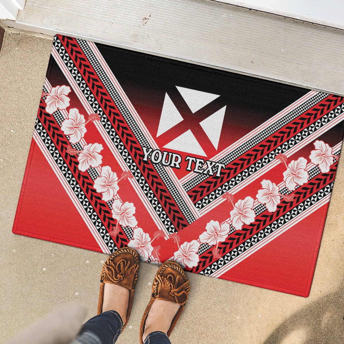 Personalised Wallis et Futuna Rubber Doormat Hibiscus and Polynesian Tribal Tattoos