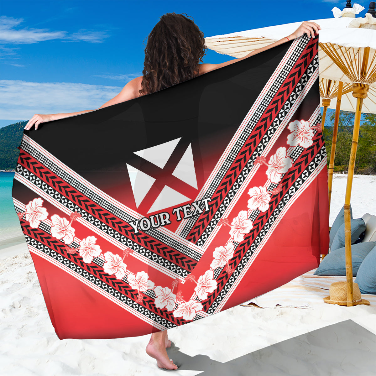 Personalised Wallis et Futuna Sarong Hibiscus and Polynesian Tribal Tattoos LT9 One Size 44 x 66 inches Red - Polynesian Pride