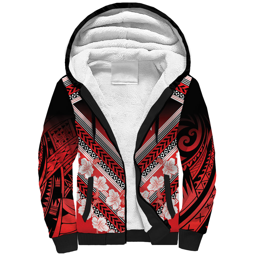 Personalised Wallis et Futuna Sherpa Hoodie Hibiscus and Polynesian Tribal Tattoos