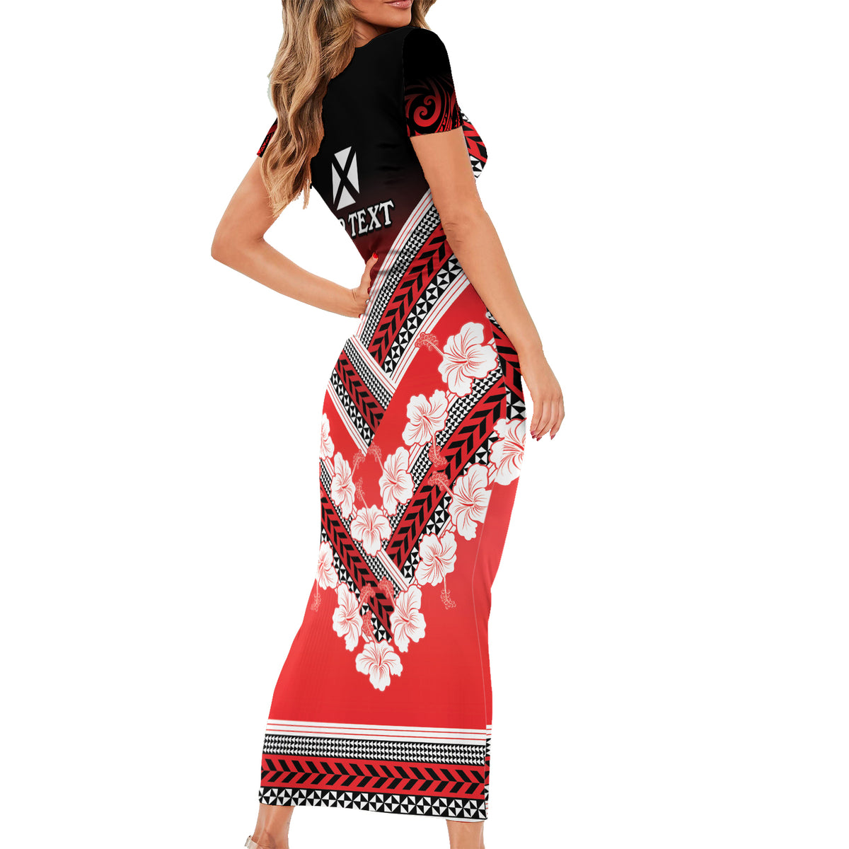 Personalised Wallis et Futuna Short Sleeve Bodycon Dress Hibiscus and Polynesian Tribal Tattoos