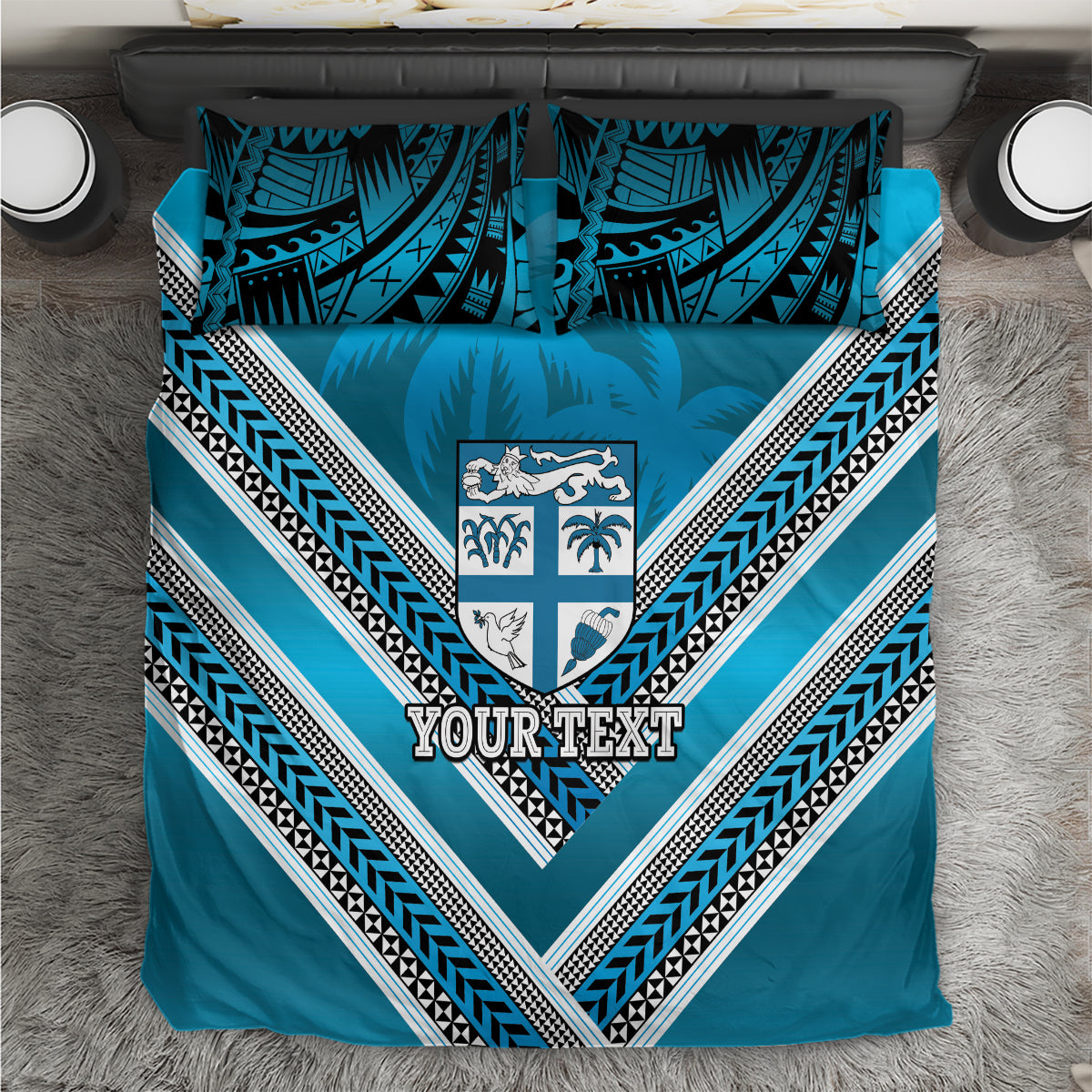 Custom Fiji Rugby Bedding Set Fijian Warrior With Polynesian Tribal Tattoos LT9 Blue - Polynesian Pride