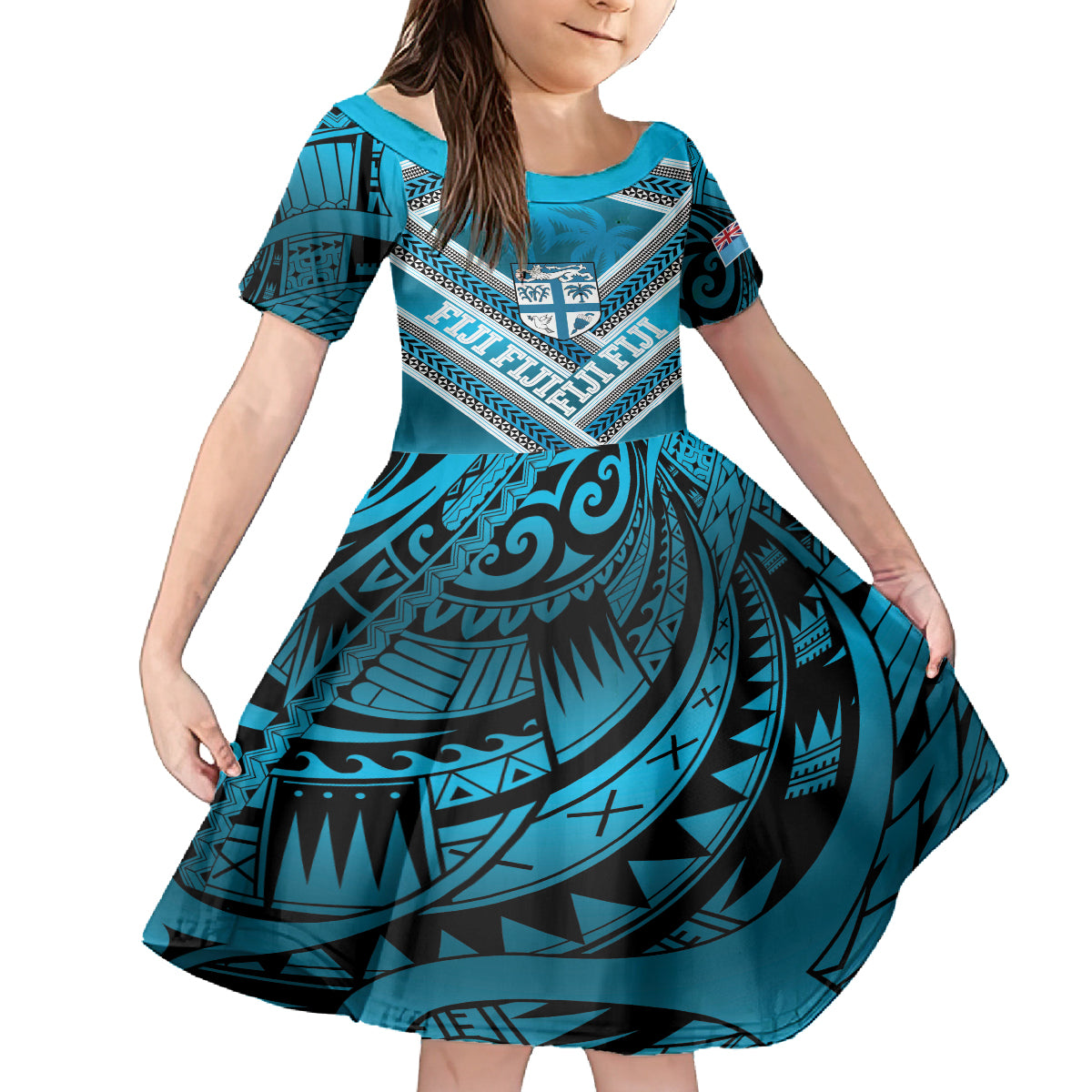 Custom Fiji Rugby Family Matching Tank Maxi Dress and Hawaiian Shirt Fijian Warrior With Polynesian Tribal Tattoos LT9 Daughter's Dress Blue - Polynesian Pride